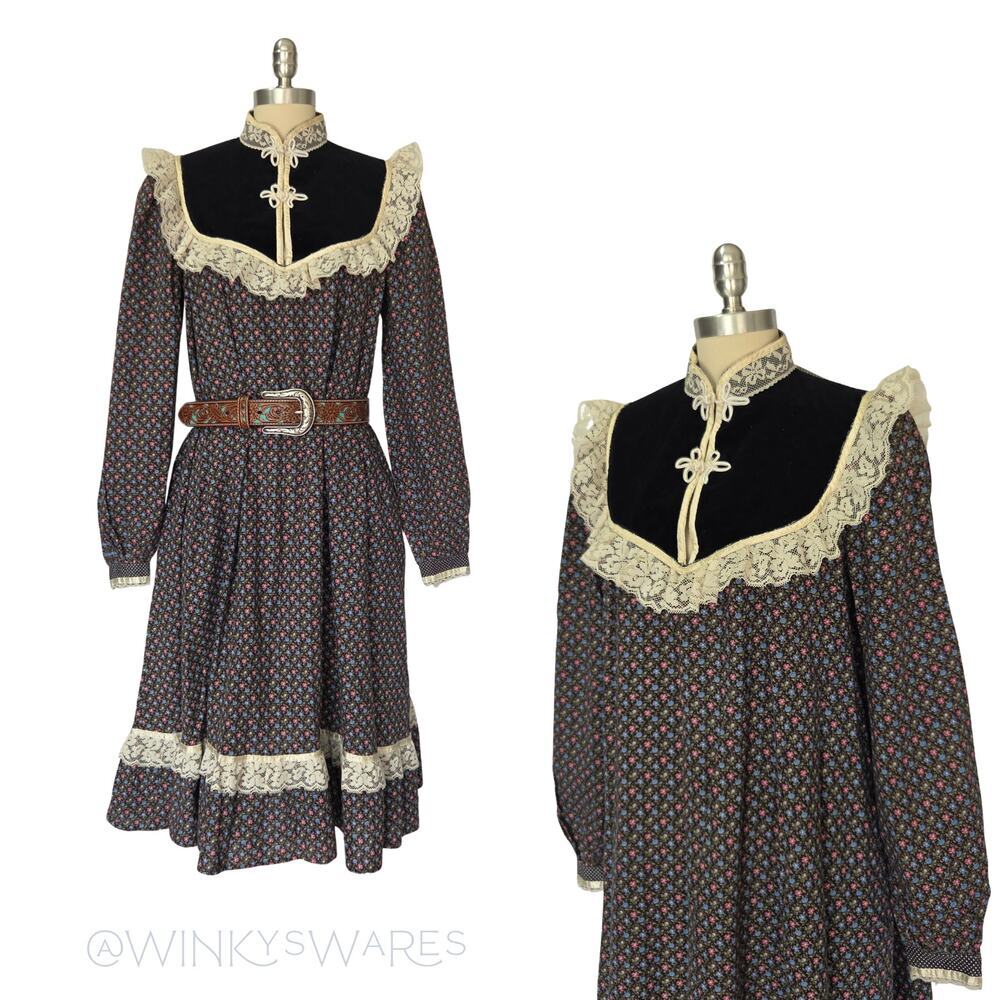Gunne Sax Black Prairie Midi Dress Size 9 S Velvet Lace Floral Tent Cottage